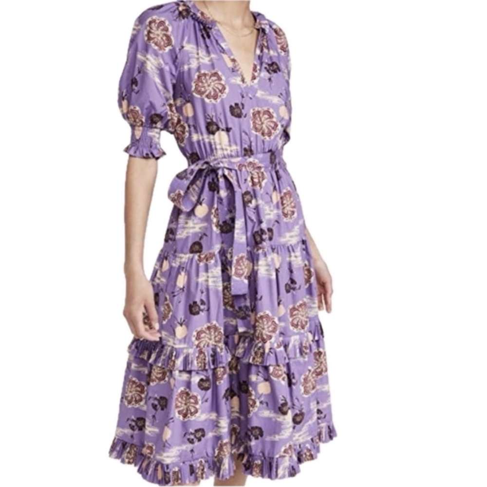 Ulla Johnson Dasha Ruffle midi dress purple floral 8 cotton